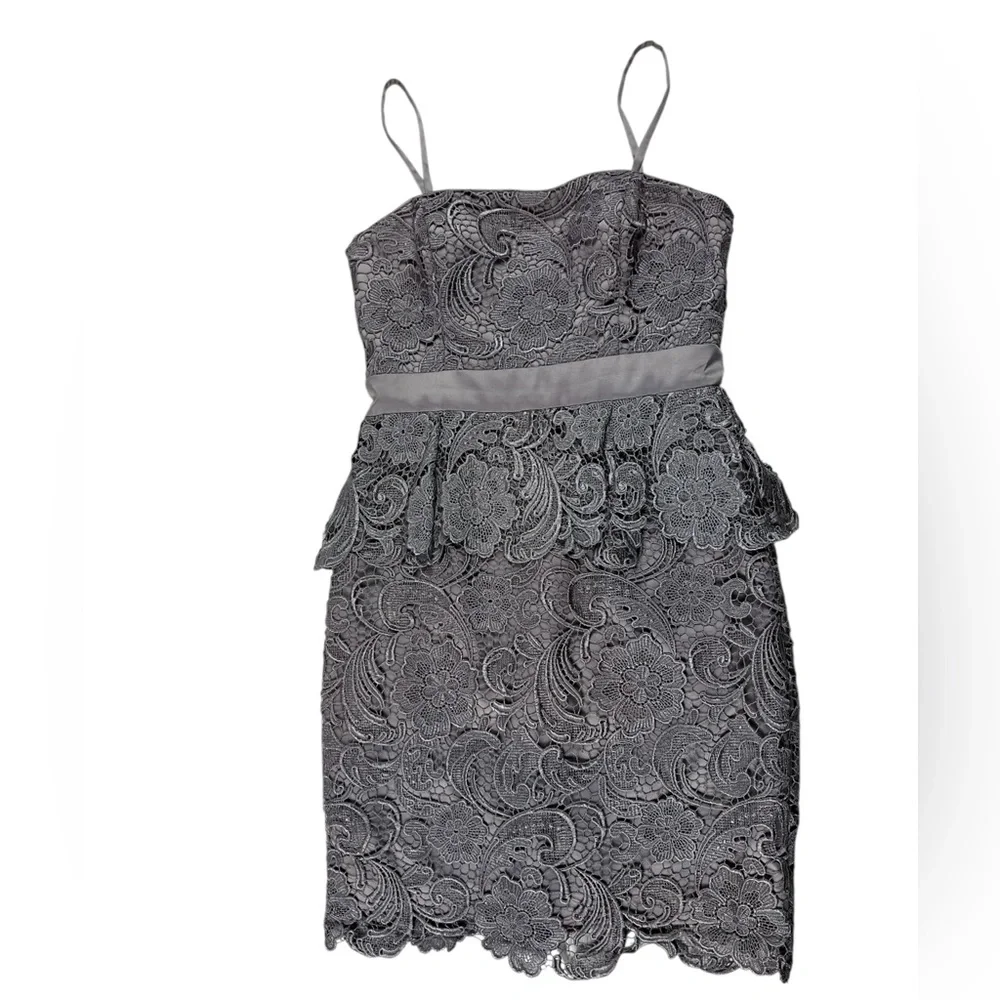 Adrianna Papell Gray Strapless Lace Lined Peplum Dress Size 4 Romantic Feminine